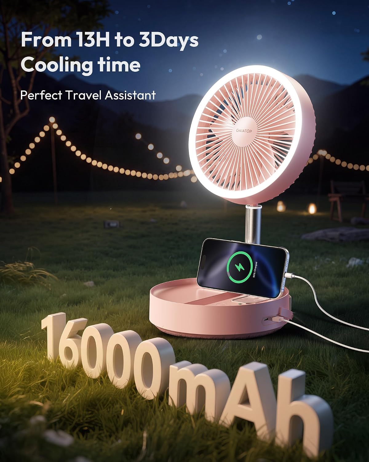 Portable Pedestal Fan 16000mAh Battery [Max 74h Runtime], Foldable Oscillating Standing Fan, Collapsible Desk Fans, LED Light, Case & Remote Control 4 Speeds for Outdoor Travel Camping (Black)
