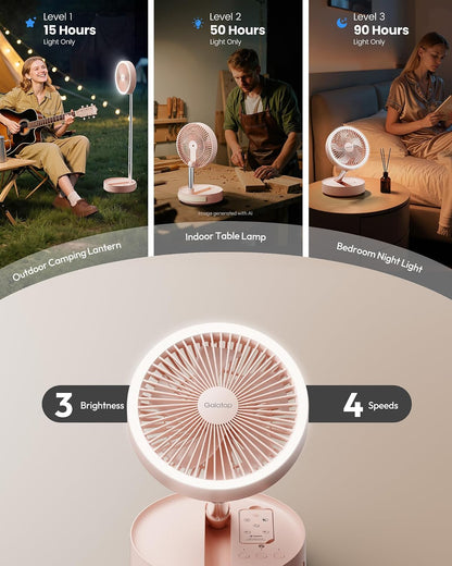 Portable Pedestal Fan 16000mAh Battery [Max 74h Runtime], Foldable Oscillating Standing Fan, Collapsible Desk Fans, LED Light, Case & Remote Control 4 Speeds for Outdoor Travel Camping (Black)