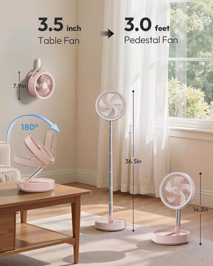 Portable Pedestal Fan 16000mAh Battery [Max 74h Runtime], Foldable Oscillating Standing Fan, Collapsible Desk Fans, LED Light, Case & Remote Control 4 Speeds for Outdoor Travel Camping (Black)