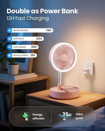 Portable Pedestal Fan 16000mAh Battery [Max 74h Runtime], Foldable Oscillating Standing Fan, Collapsible Desk Fans, LED Light, Case & Remote Control 4 Speeds for Outdoor Travel Camping (Black)