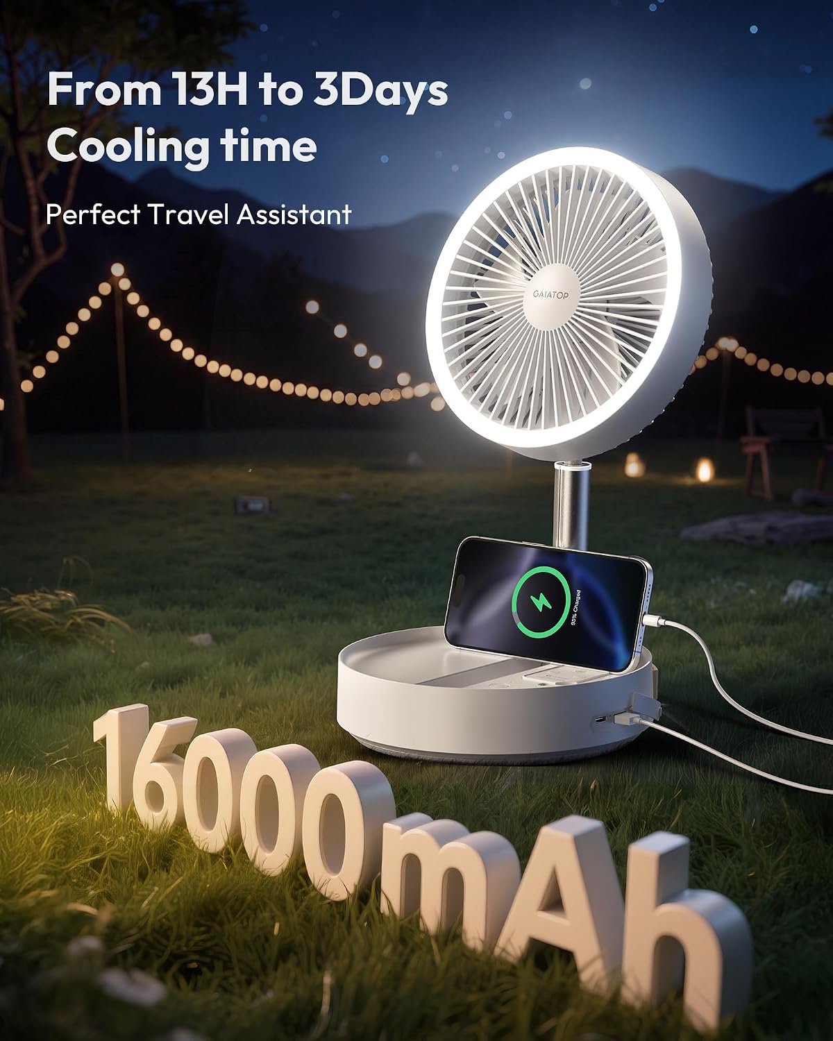 Portable Pedestal Fan 16000mAh Battery [Max 74h Runtime], Foldable Oscillating Standing Fan, Collapsible Desk Fans, LED Light, Case & Remote Control 4 Speeds for Outdoor Travel Camping (Black)