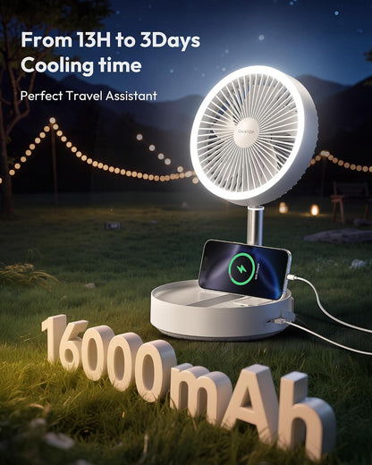 Portable Pedestal Fan 16000mAh Battery [Max 74h Runtime], Foldable Oscillating Standing Fan, Collapsible Desk Fans, LED Light, Case & Remote Control 4 Speeds for Outdoor Travel Camping (Black)