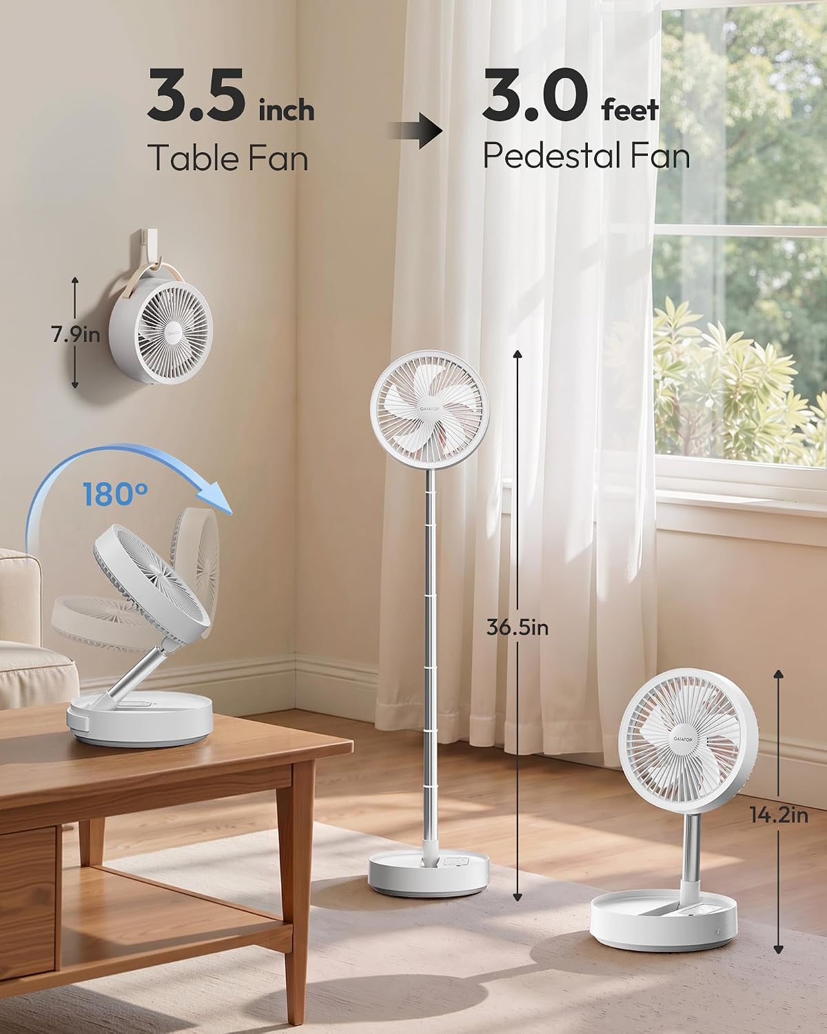 Portable Pedestal Fan 16000mAh Battery [Max 74h Runtime], Foldable Oscillating Standing Fan, Collapsible Desk Fans, LED Light, Case & Remote Control 4 Speeds for Outdoor Travel Camping (Black)