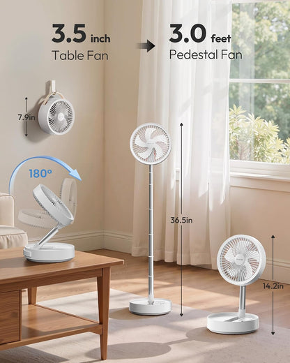 Portable Pedestal Fan 16000mAh Battery [Max 74h Runtime], Foldable Oscillating Standing Fan, Collapsible Desk Fans, LED Light, Case & Remote Control 4 Speeds for Outdoor Travel Camping (Black)