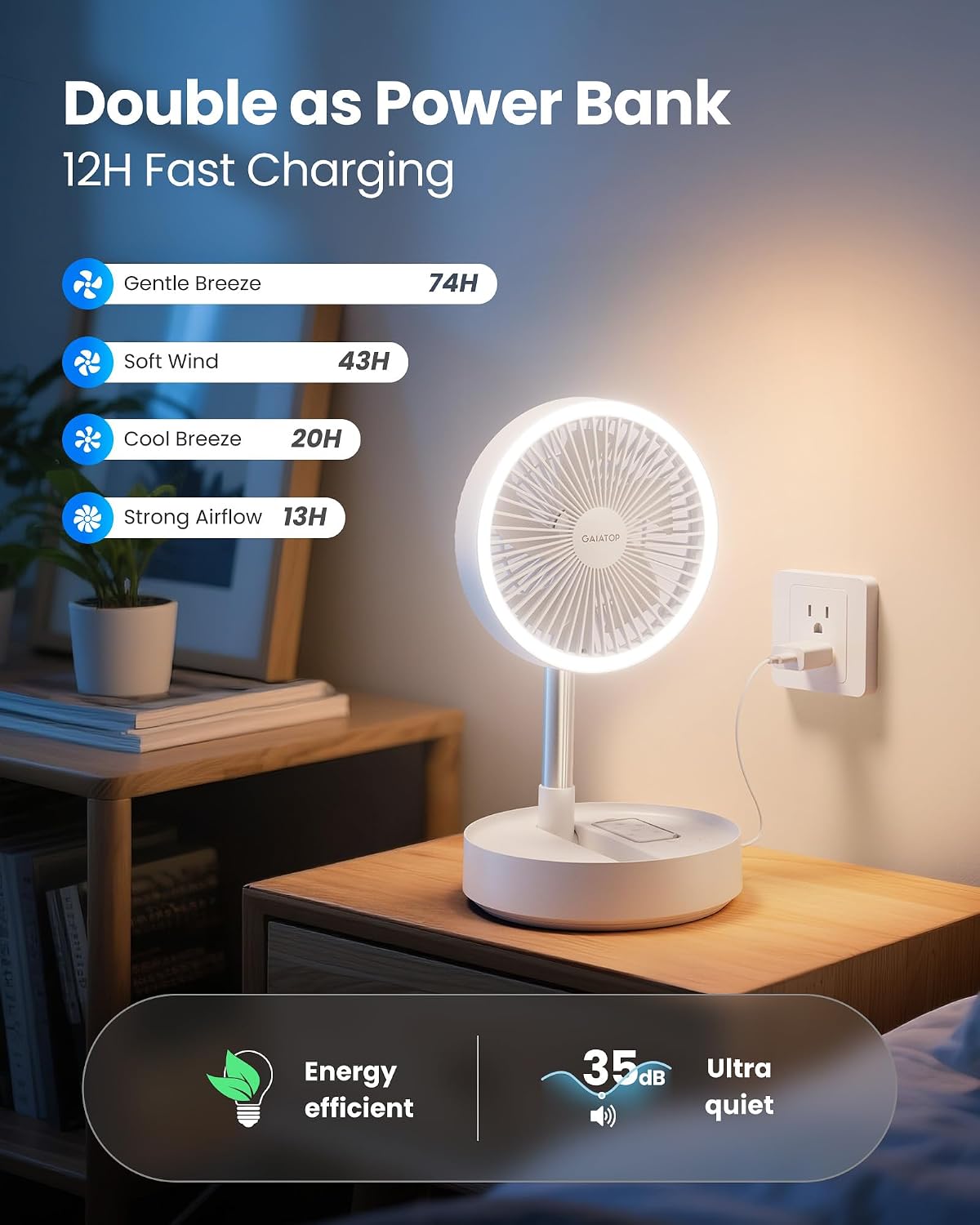 Portable Pedestal Fan 16000mAh Battery [Max 74h Runtime], Foldable Oscillating Standing Fan, Collapsible Desk Fans, LED Light, Case & Remote Control 4 Speeds for Outdoor Travel Camping (Black)