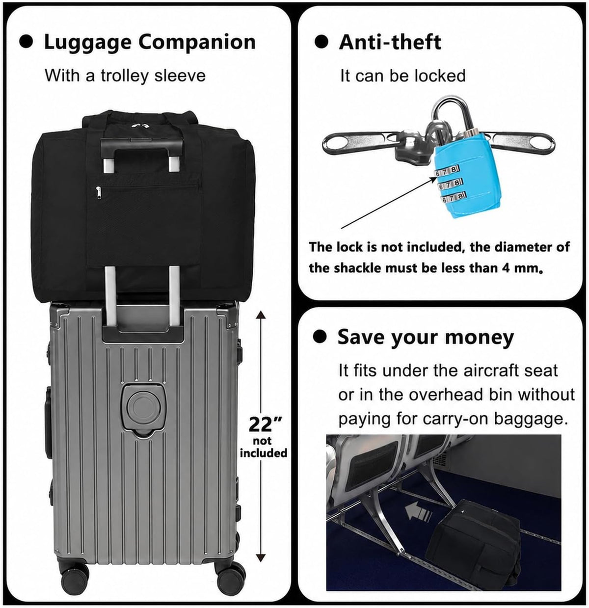Foldable Travel Duffle Bag with Trolley Sleeve 40L Travel Bag
