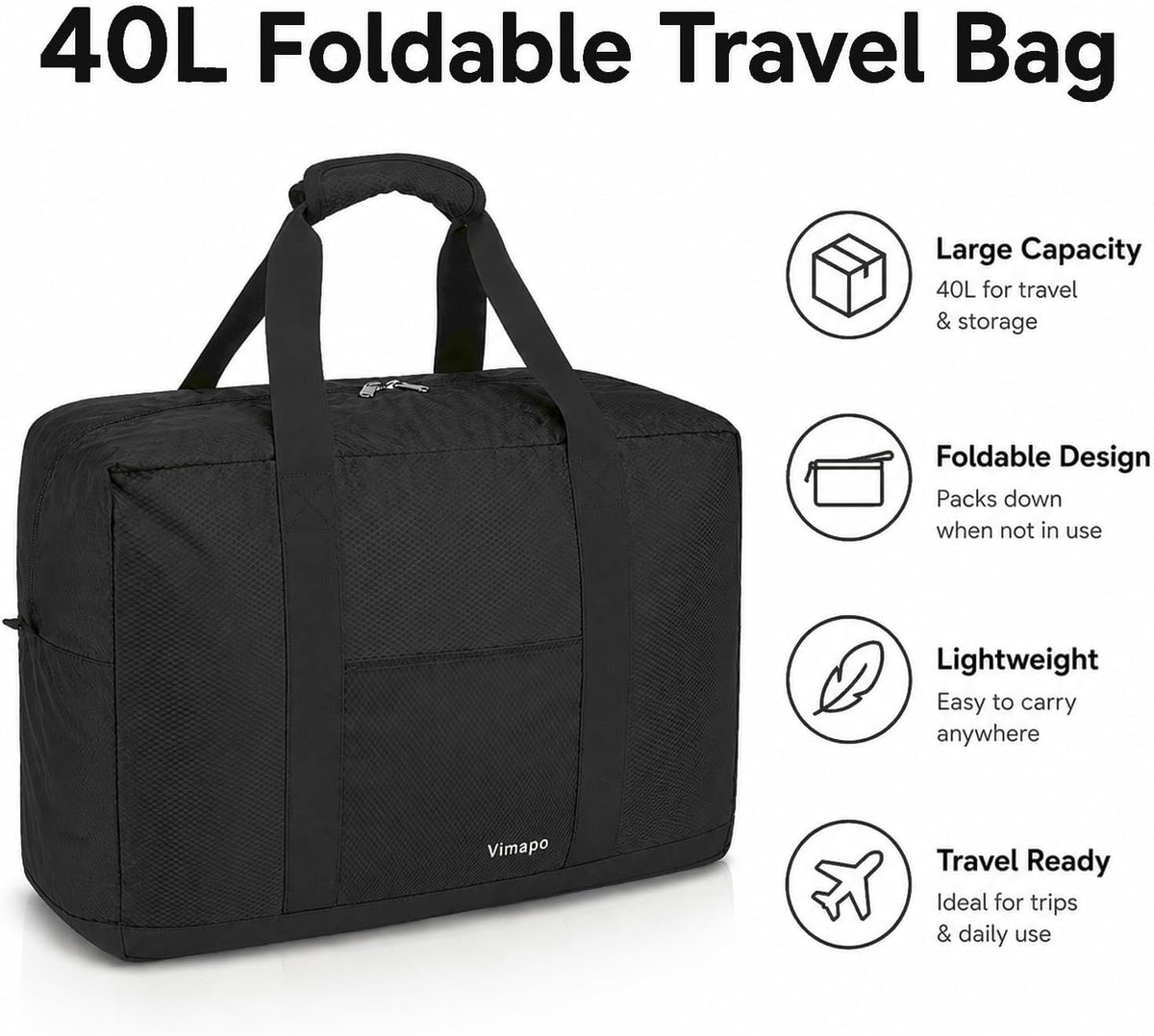 Foldable Travel Duffle Bag with Trolley Sleeve 40L Travel Bag