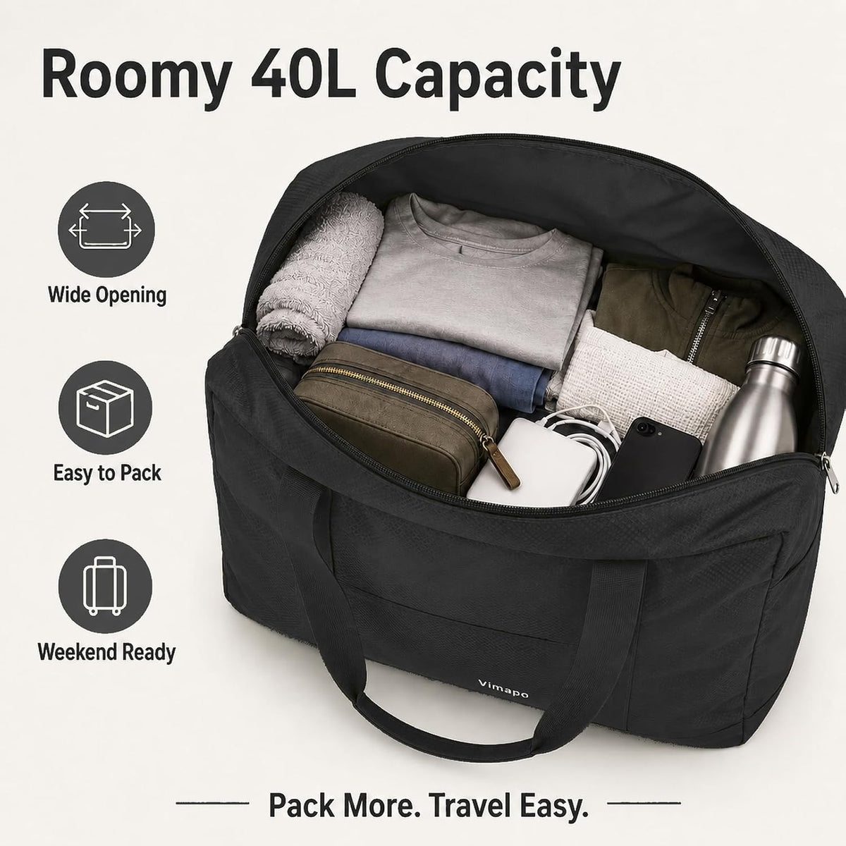 Foldable Travel Duffle Bag with Trolley Sleeve 40L Travel Bag