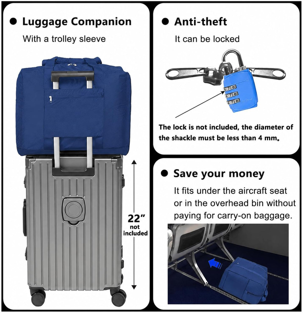 Foldable Travel Duffle Bag with Trolley Sleeve 40L Travel Bag