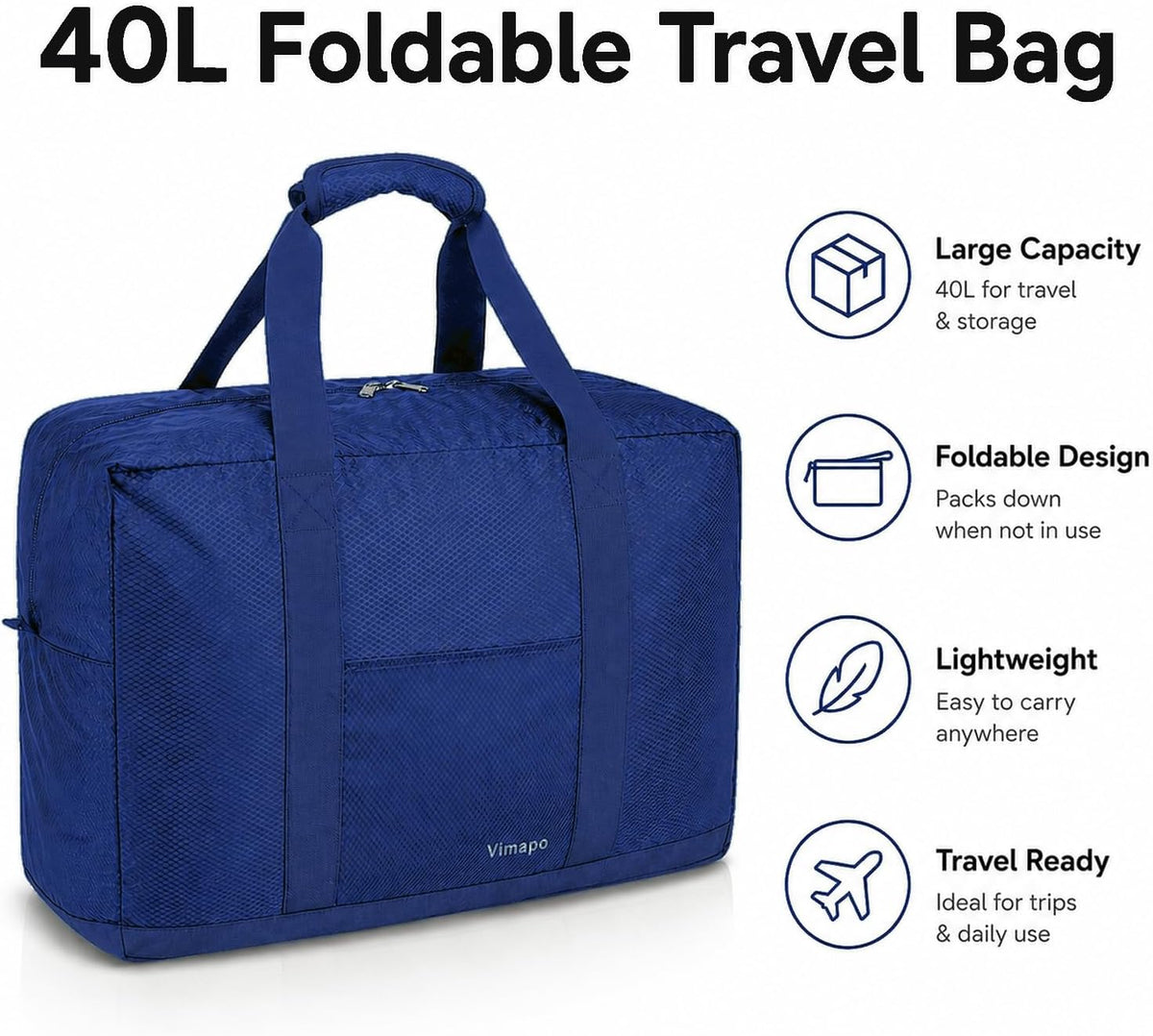Foldable Travel Duffle Bag with Trolley Sleeve 40L Travel Bag