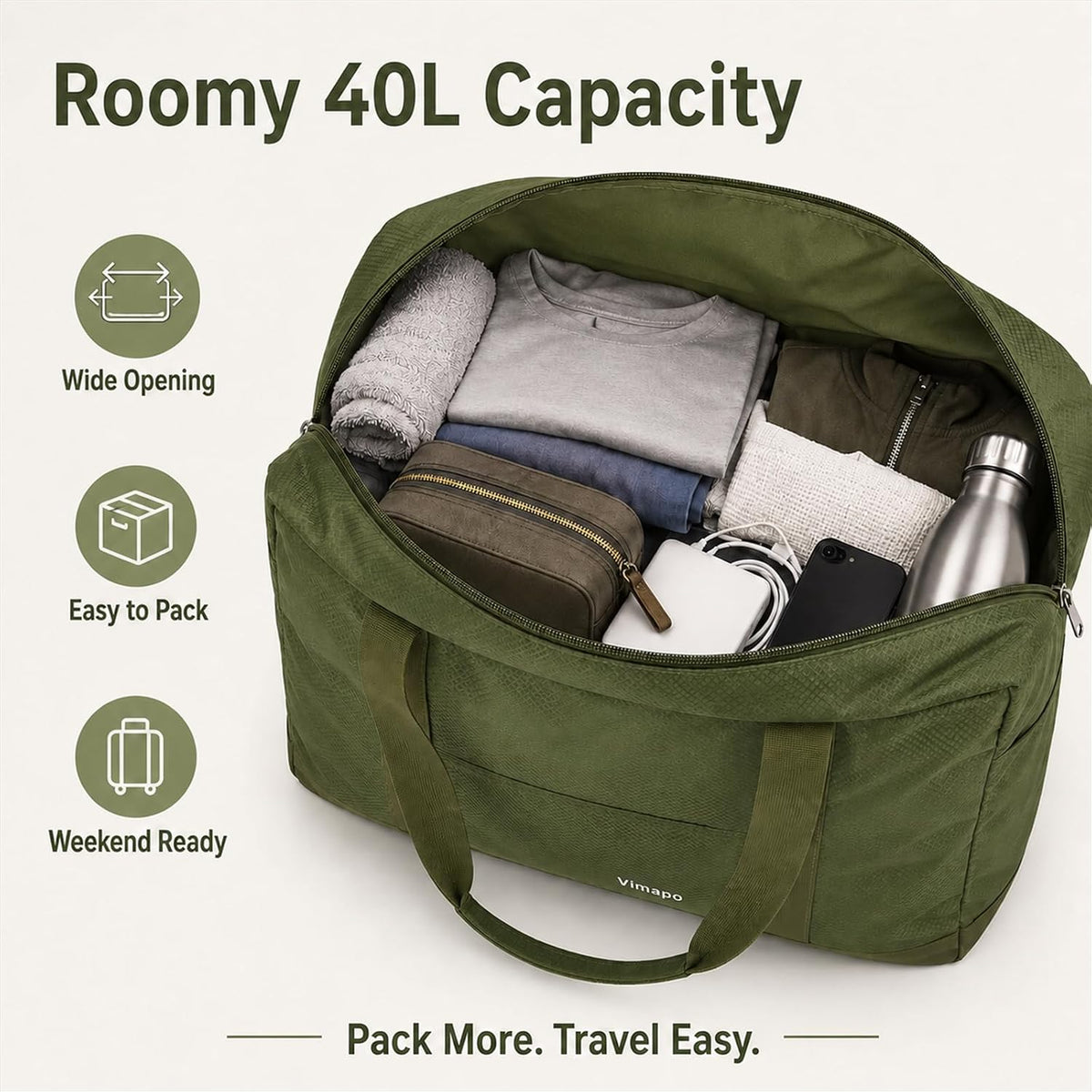 Foldable Travel Duffle Bag with Trolley Sleeve 40L Travel Bag
