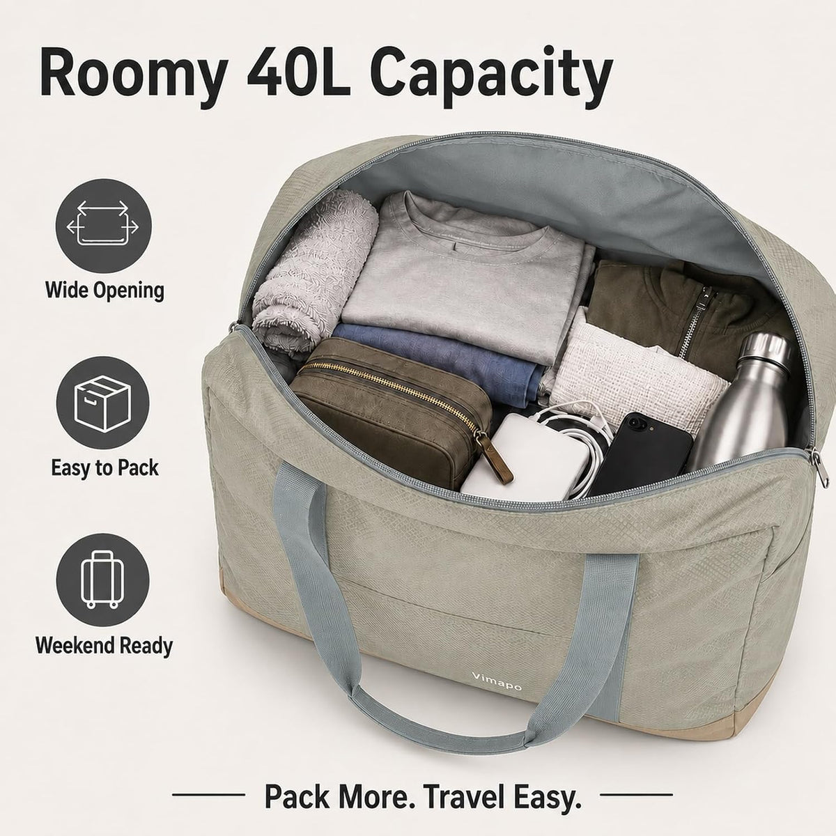 Foldable Travel Duffle Bag with Trolley Sleeve 40L Travel Bag
