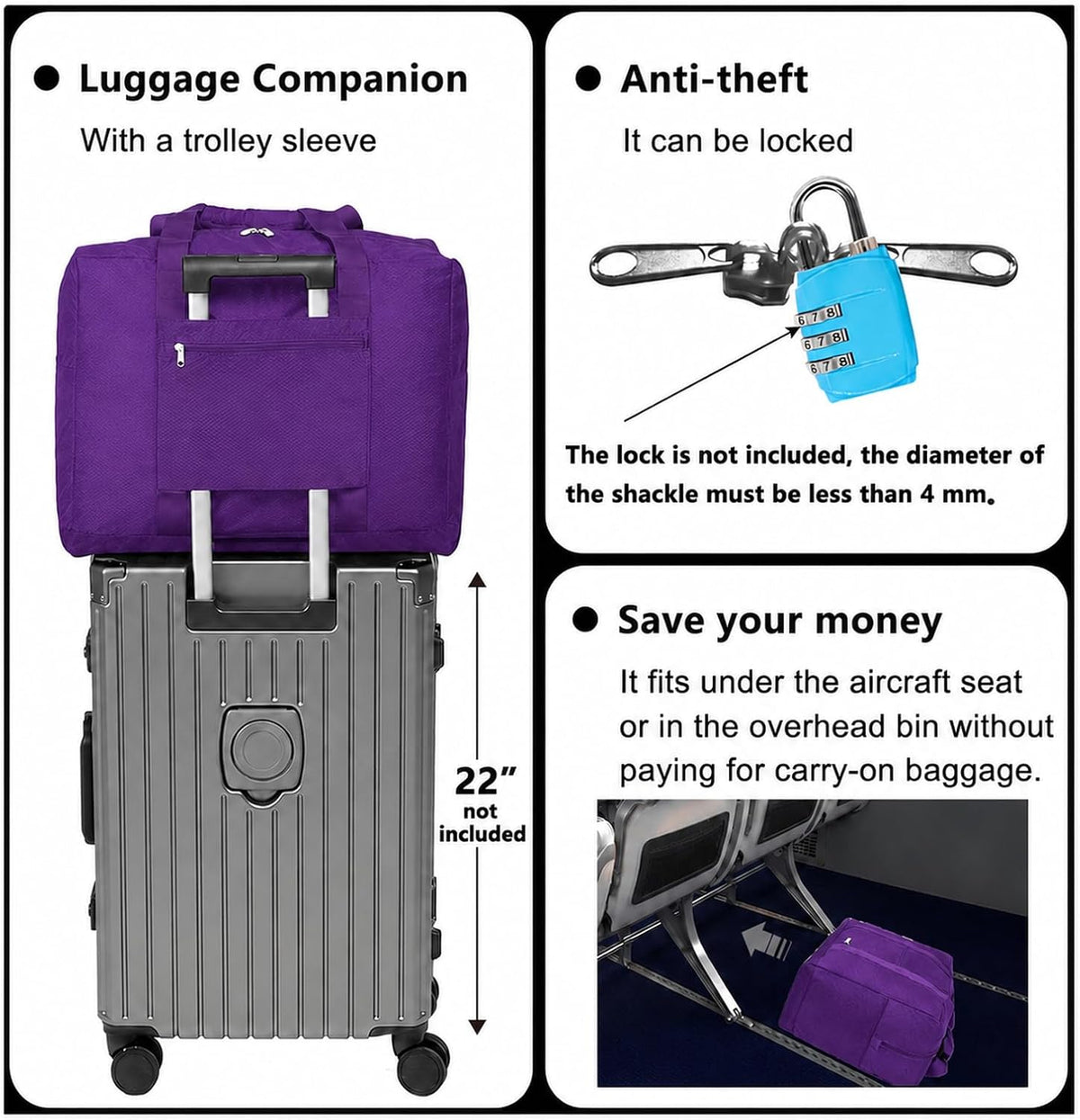 Foldable Travel Duffle Bag with Trolley Sleeve 40L Travel Bag