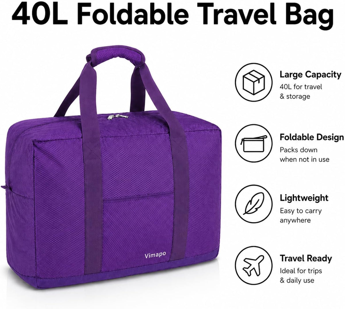 Foldable Travel Duffle Bag with Trolley Sleeve 40L Travel Bag