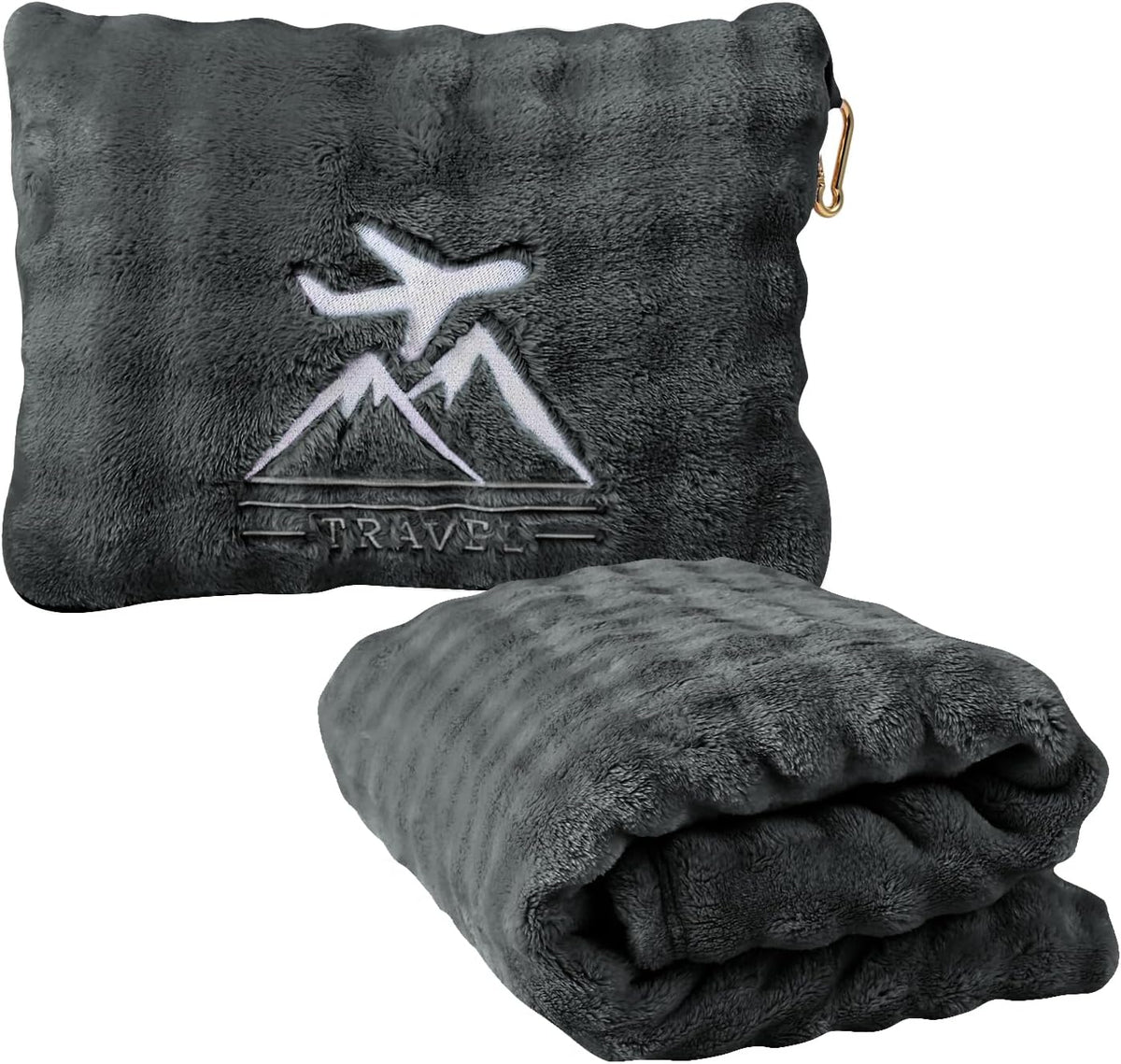 Travel Blanket and Pillow-2-in-1, Ultra-Soft&Compact, One-Piece Airplane Blanket with Hand Luggage Belt and Backpack Clip,Travelers Accessories Gifts, 61x43 Inches (Dark Grey)