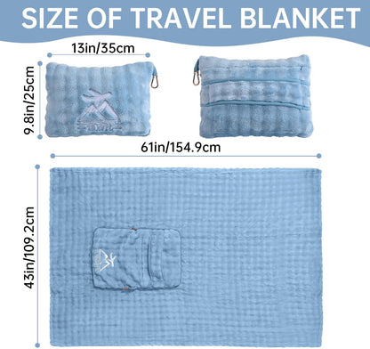 Travel Blanket and Pillow-2-in-1, Ultra-Soft&Compact, One-Piece Airplane Blanket with Hand Luggage Belt and Backpack Clip,Travelers Accessories Gifts, 61x43 Inches (Dark Grey)