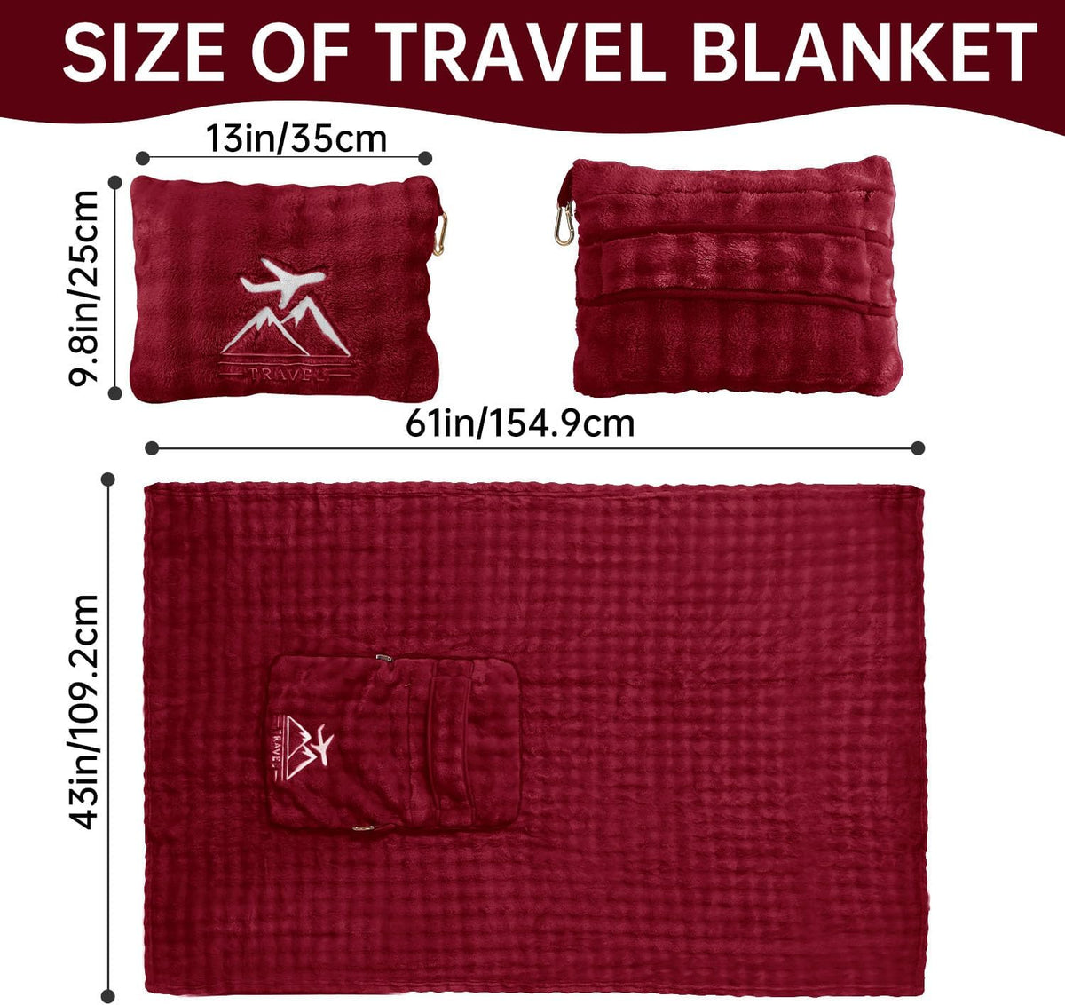 Travel Blanket and Pillow-2-in-1, Ultra-Soft&Compact, One-Piece Airplane Blanket with Hand Luggage Belt and Backpack Clip,Travelers Accessories Gifts, 61x43 Inches (Dark Grey)