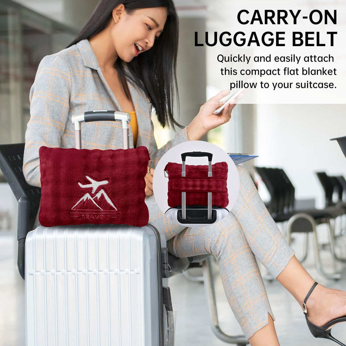 Travel Blanket and Pillow-2-in-1, Ultra-Soft&Compact, One-Piece Airplane Blanket with Hand Luggage Belt and Backpack Clip,Travelers Accessories Gifts, 61x43 Inches (Dark Grey)