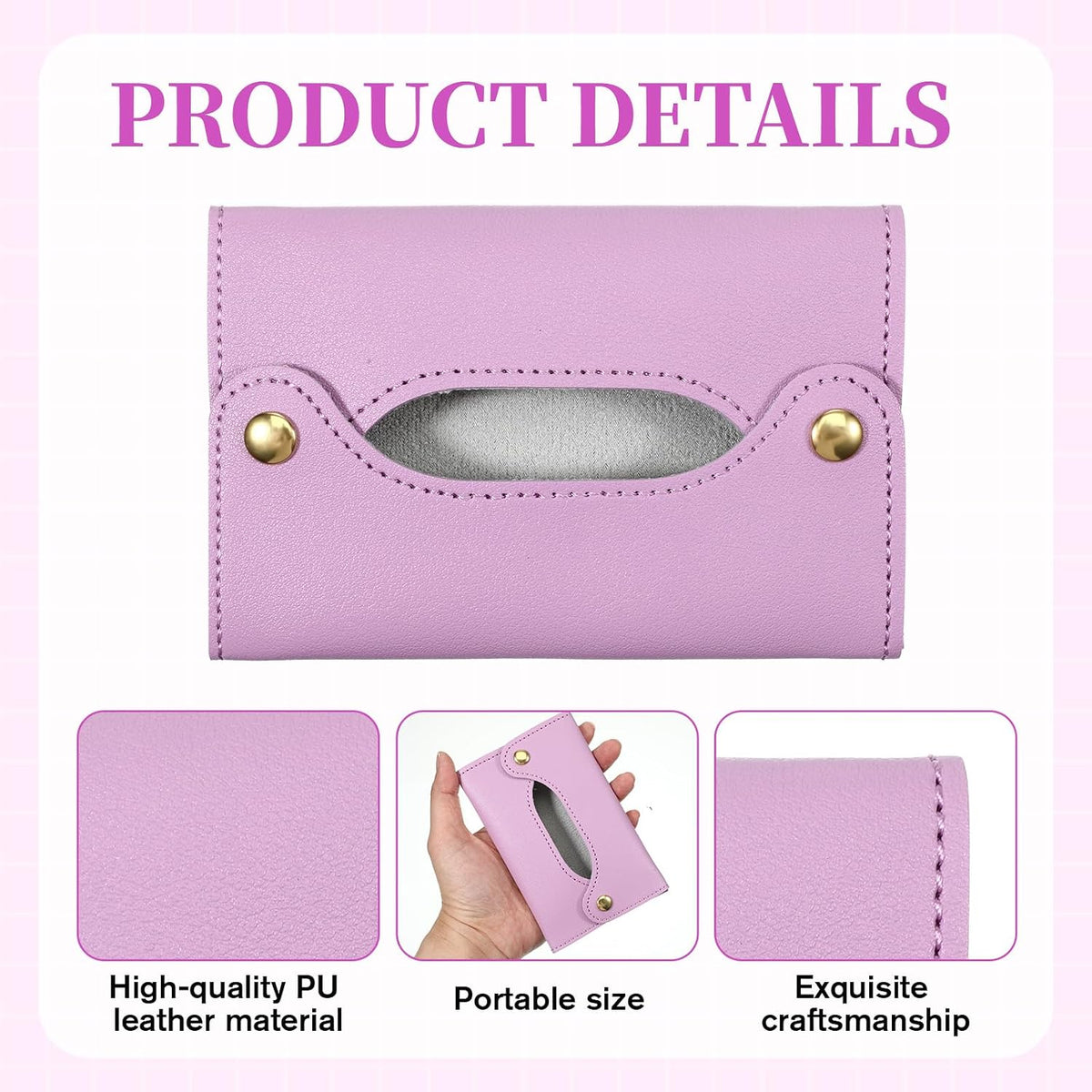 Pocket Tissue Holder, Reusable Travel Tissue Pouch, PU Leather Tissue Holder for Purse, Paper Case Storage Bag for Face Towels, Car, Office, and Outdoor Use (Purple)