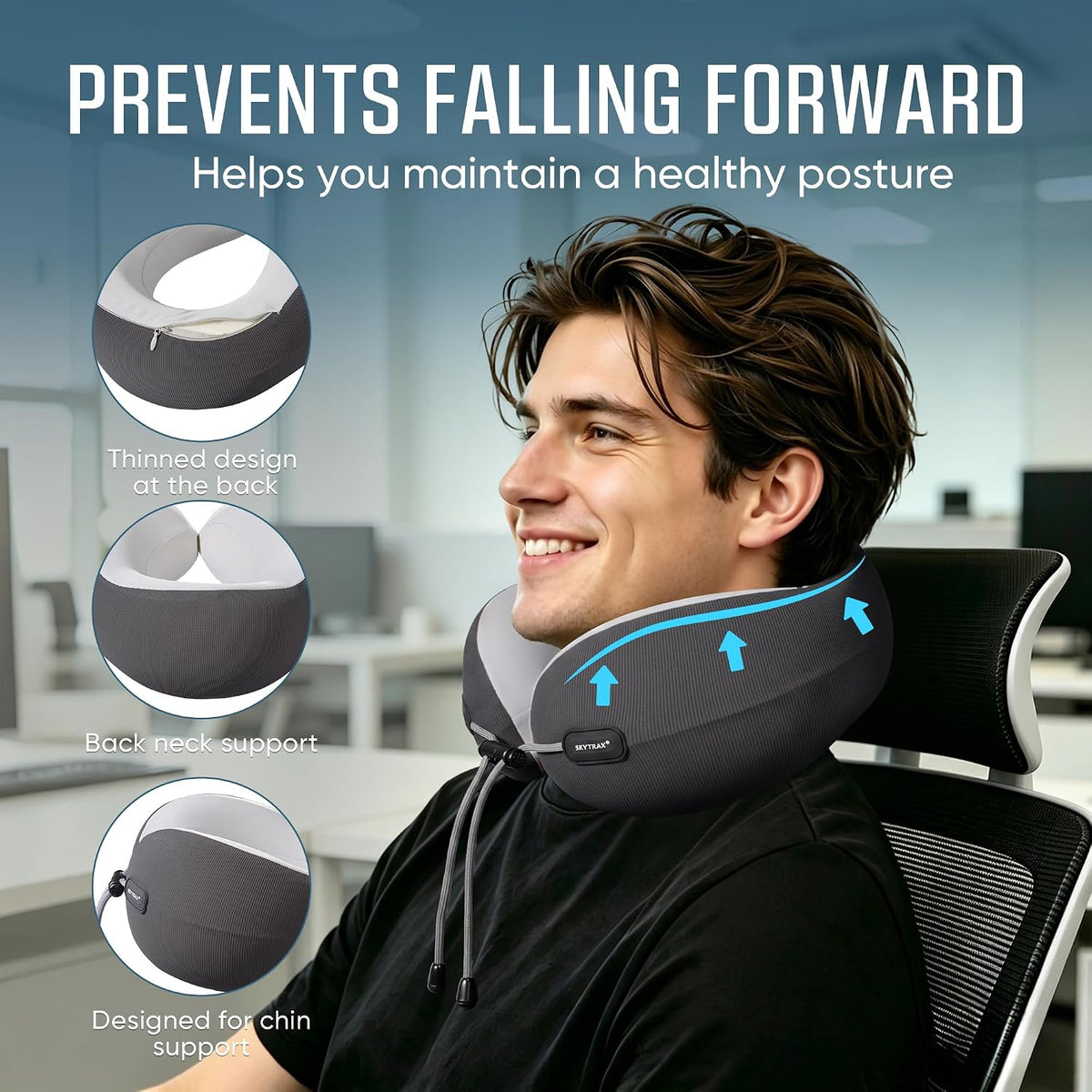® Premium Ergonomic Memory Foam Travel Neck Pillow, Washable Cooling Ice Silk Cover, Firm Neck Support for Airplane Long Flights & Pain Relief, with Portable Carry Case (Grey)