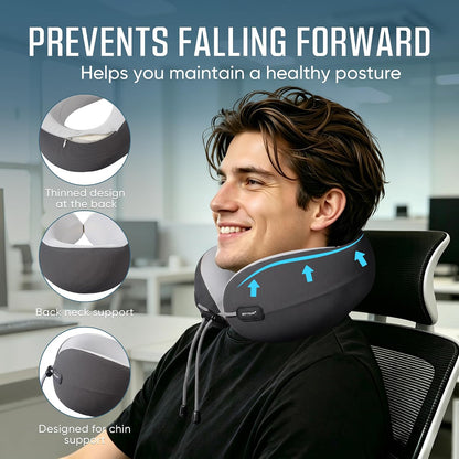 ® Premium Ergonomic Memory Foam Travel Neck Pillow, Washable Cooling Ice Silk Cover, Firm Neck Support for Airplane Long Flights & Pain Relief, with Portable Carry Case (Grey)
