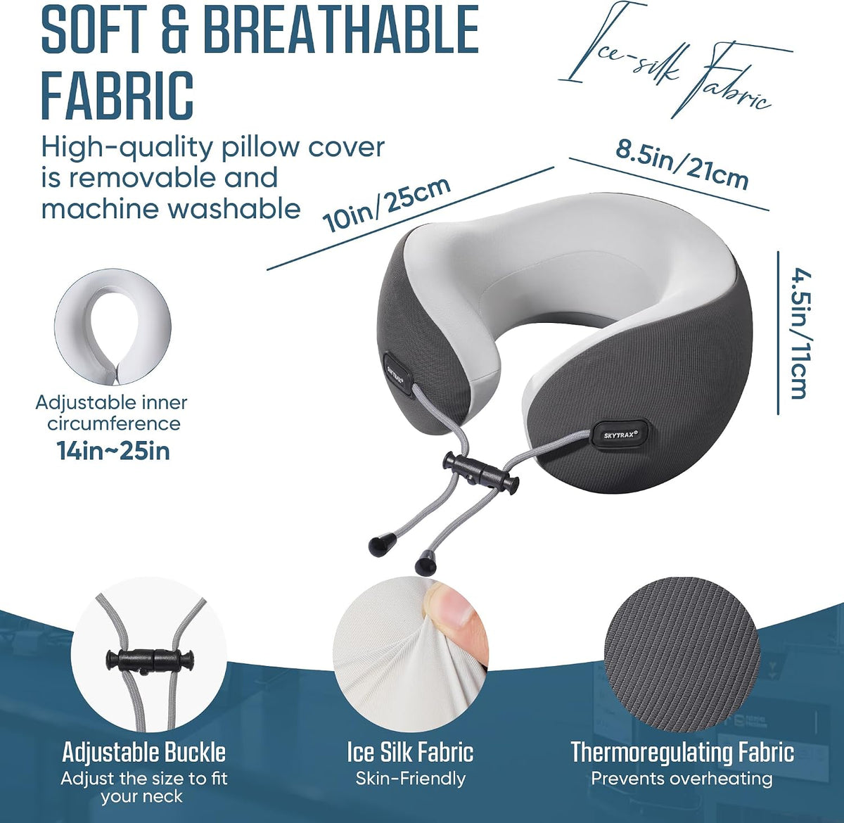 ® Premium Ergonomic Memory Foam Travel Neck Pillow, Washable Cooling Ice Silk Cover, Firm Neck Support for Airplane Long Flights & Pain Relief, with Portable Carry Case (Grey)