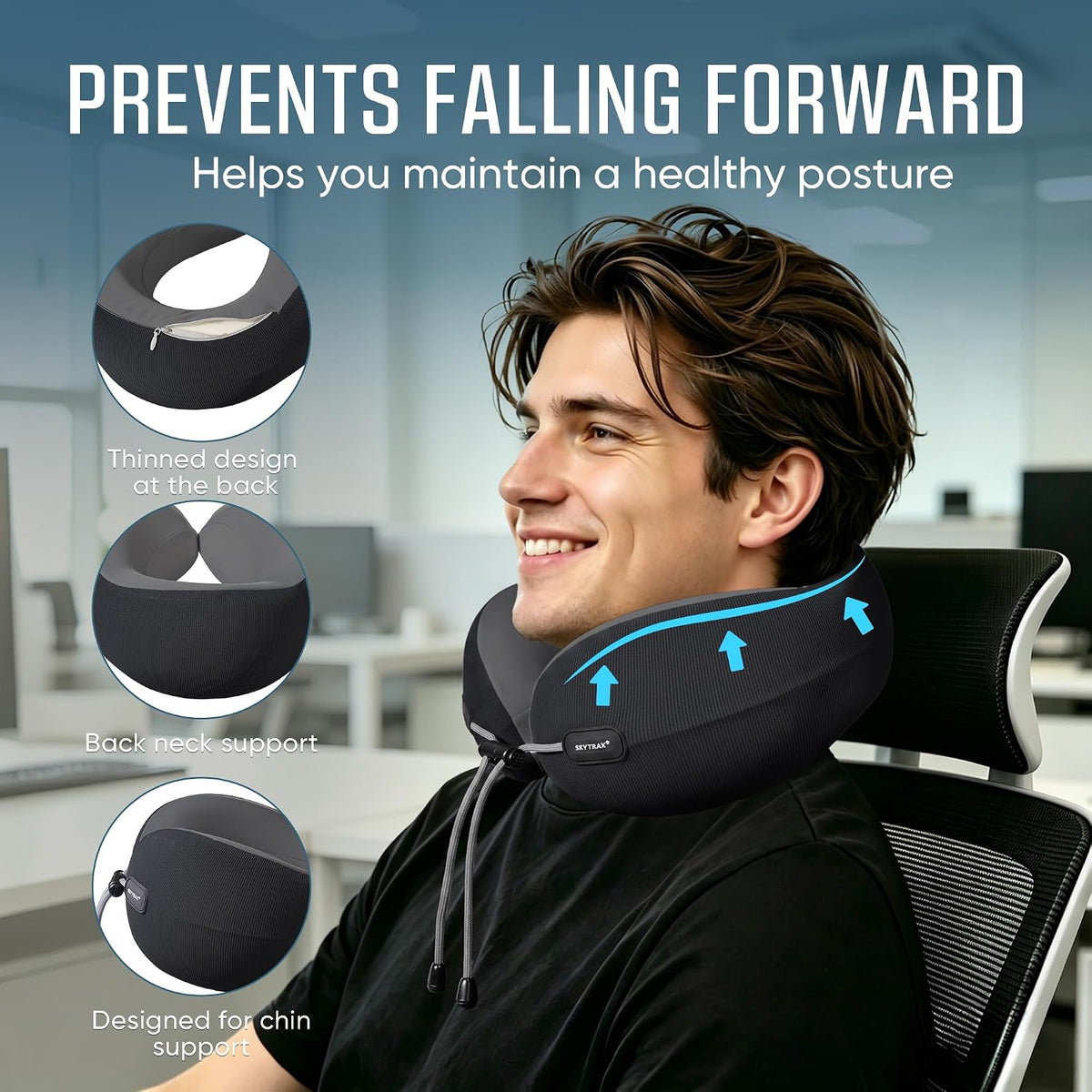® Premium Ergonomic Memory Foam Travel Neck Pillow, Washable Cooling Ice Silk Cover, Firm Neck Support for Airplane Long Flights & Pain Relief, with Portable Carry Case (Grey)
