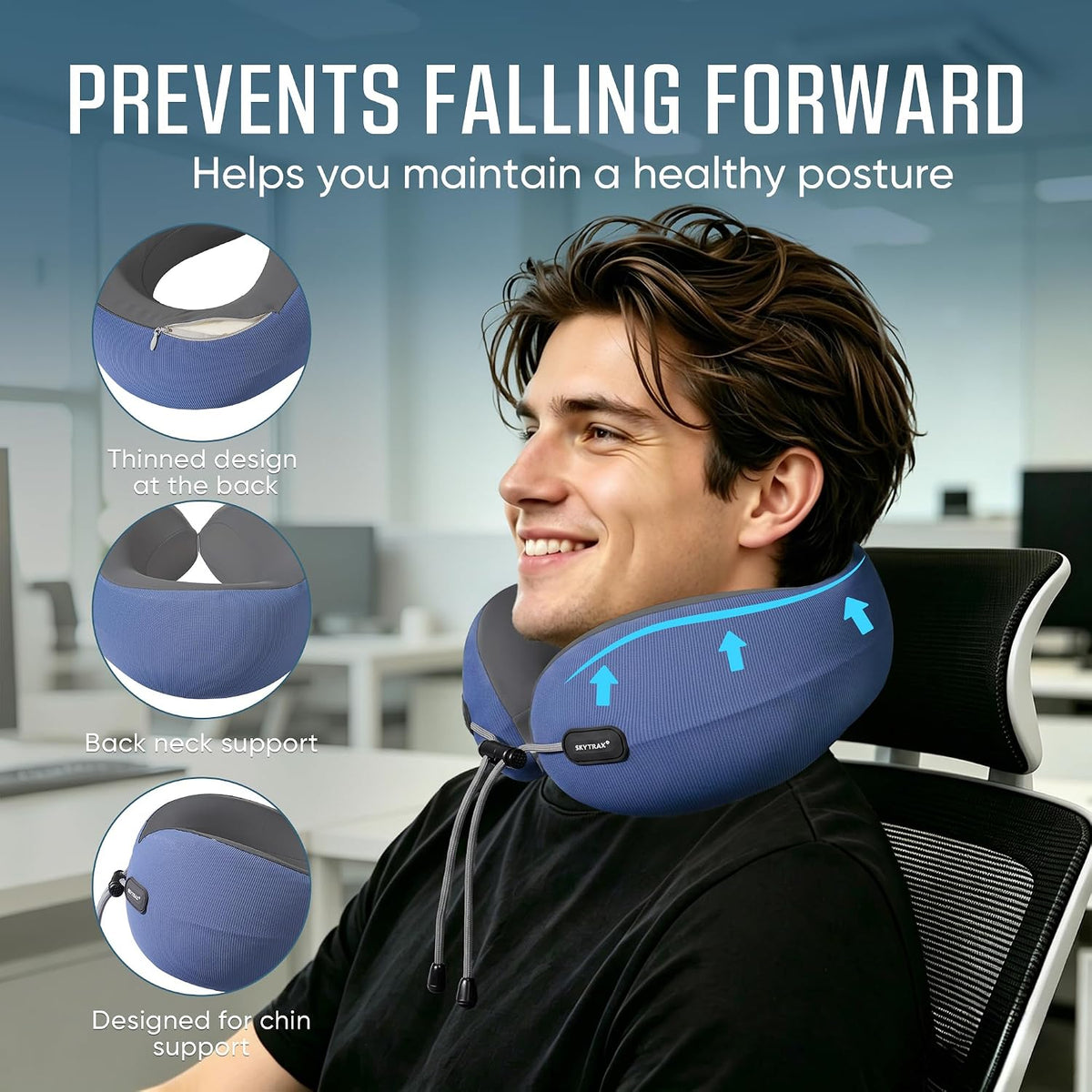 ® Premium Ergonomic Memory Foam Travel Neck Pillow, Washable Cooling Ice Silk Cover, Firm Neck Support for Airplane Long Flights & Pain Relief, with Portable Carry Case (Grey)