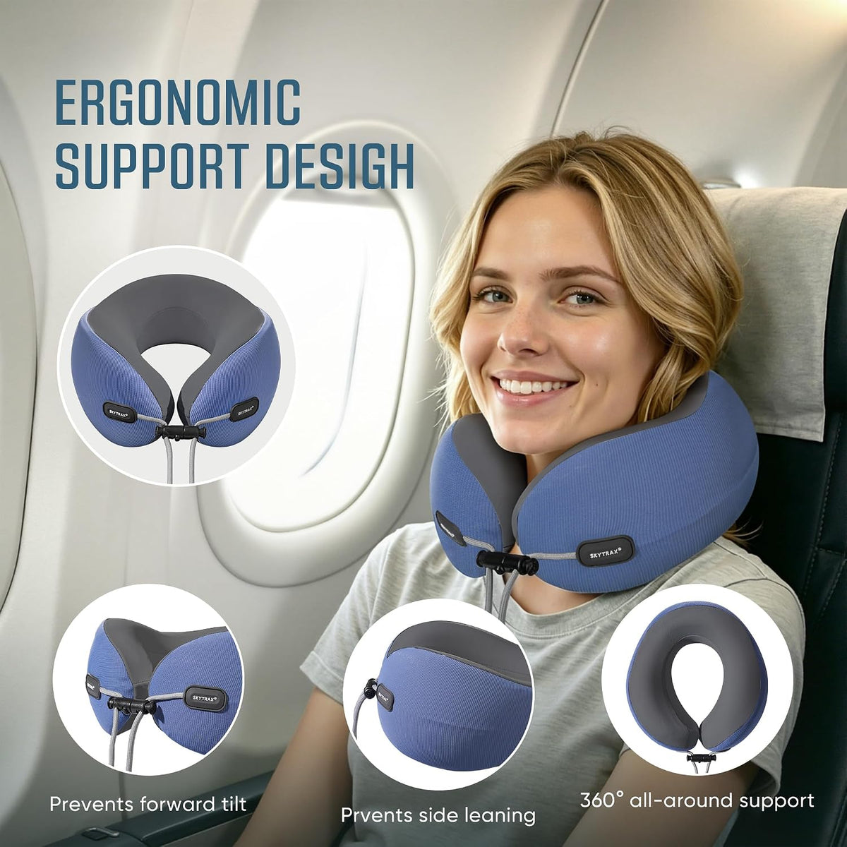® Premium Ergonomic Memory Foam Travel Neck Pillow, Washable Cooling Ice Silk Cover, Firm Neck Support for Airplane Long Flights & Pain Relief, with Portable Carry Case (Grey)