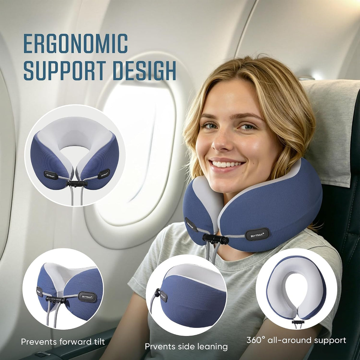 ® Premium Ergonomic Memory Foam Travel Neck Pillow, Washable Cooling Ice Silk Cover, Firm Neck Support for Airplane Long Flights & Pain Relief, with Portable Carry Case (Grey)