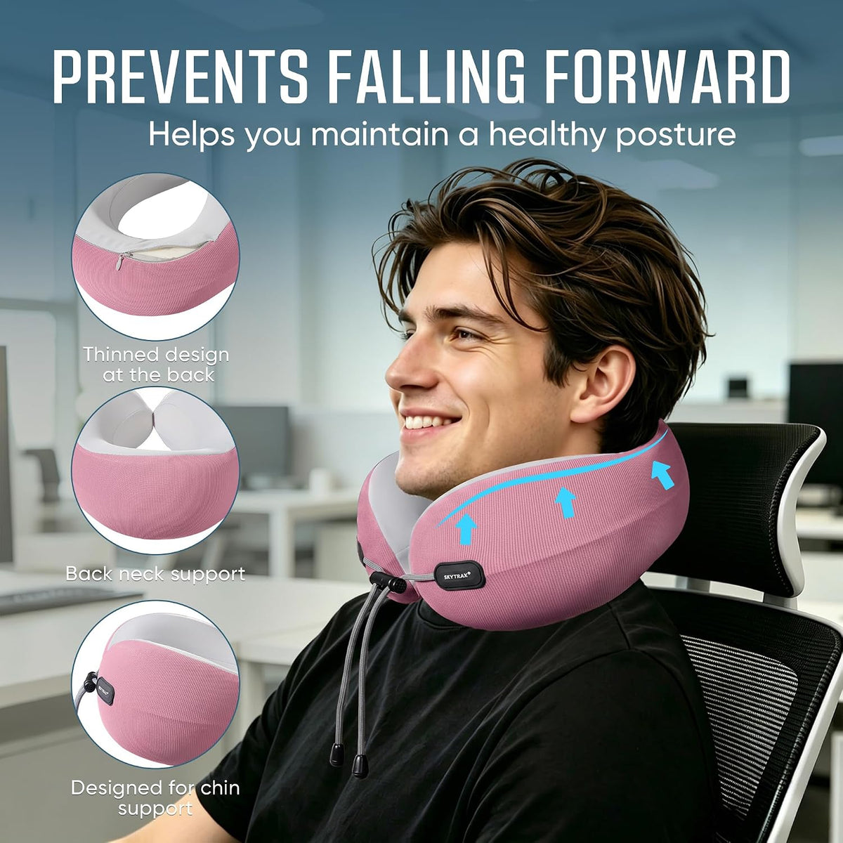 ® Premium Ergonomic Memory Foam Travel Neck Pillow, Washable Cooling Ice Silk Cover, Firm Neck Support for Airplane Long Flights & Pain Relief, with Portable Carry Case (Grey)