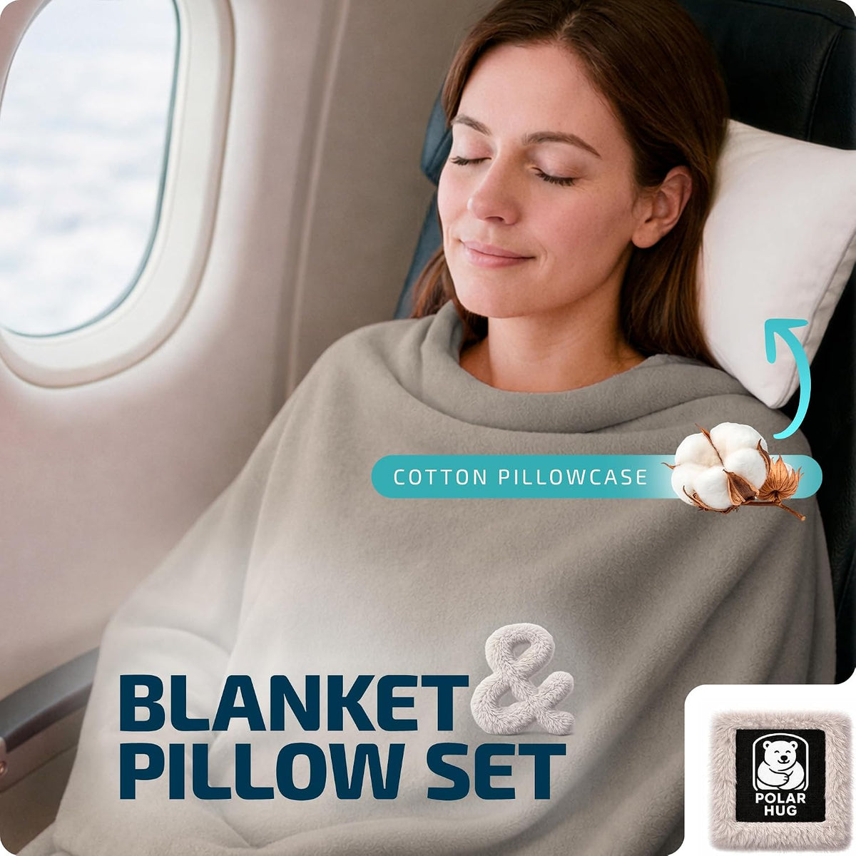 Travel Blanket and Pillow Set, Airplane Blanket with Cotton Pillowcase