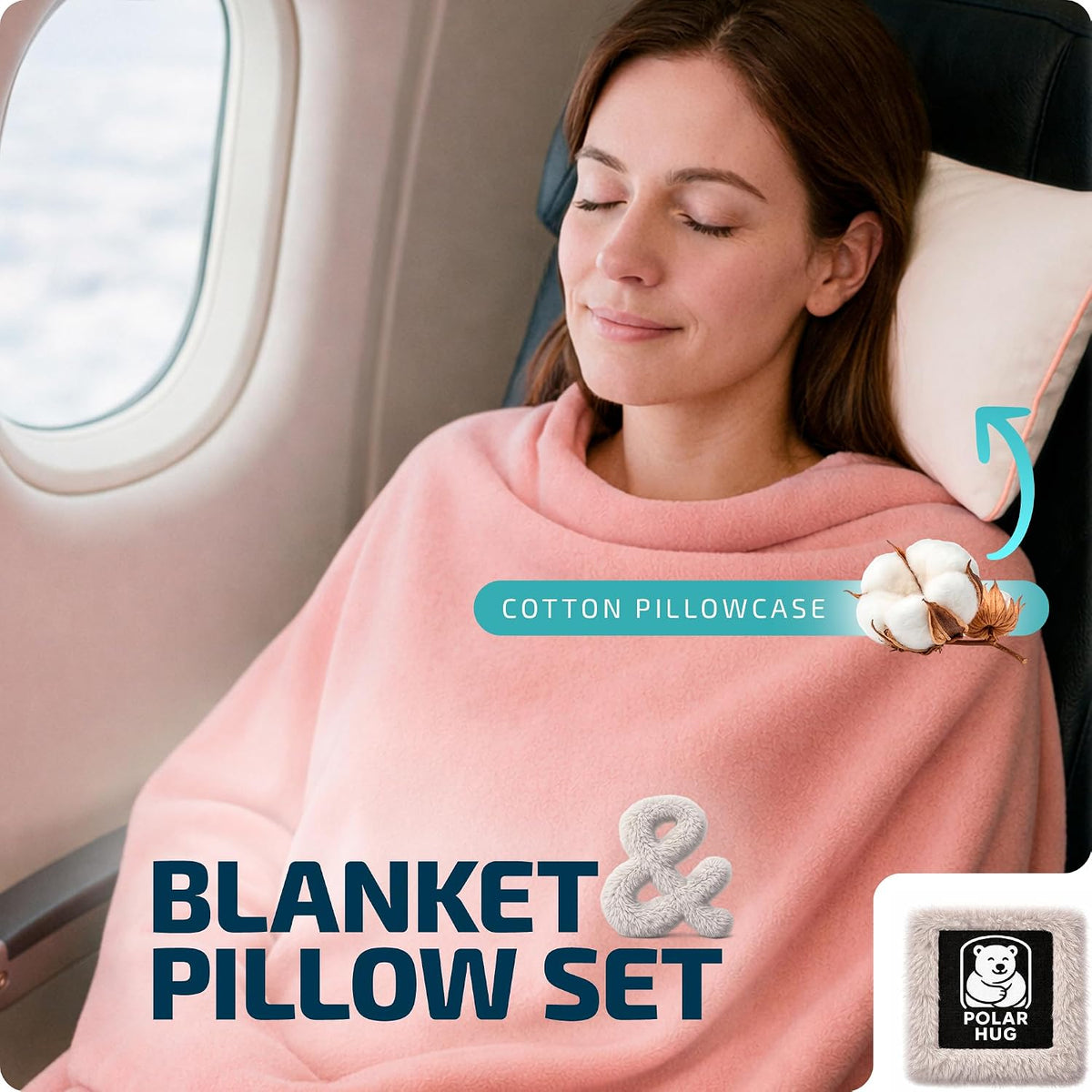 Travel Blanket and Pillow Set, Airplane Blanket with Cotton Pillowcase