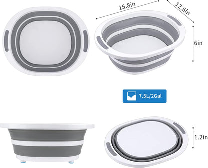 Collapsible Dishpan 7.5L Plastic Sink Dish Basin Cutting Board Foldable Food Tub for BBQ Picnic Camping Portable Washing Dishes Basket Space Saving Gray