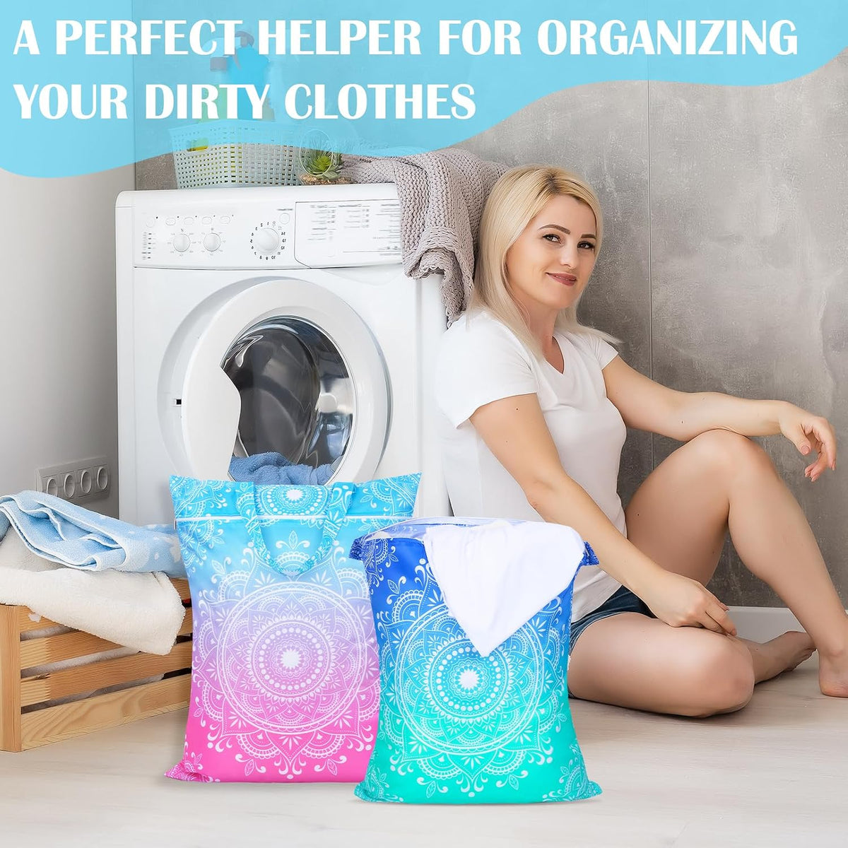 2 Pcs Large Travel Laundry Bags - Waterproof with Handle, Washable Dirty Clothes Bags for Travel, Wet & Dry Use, Bathing Suit & Gym Clothes Laundry, Swimming Pool & College Dorm