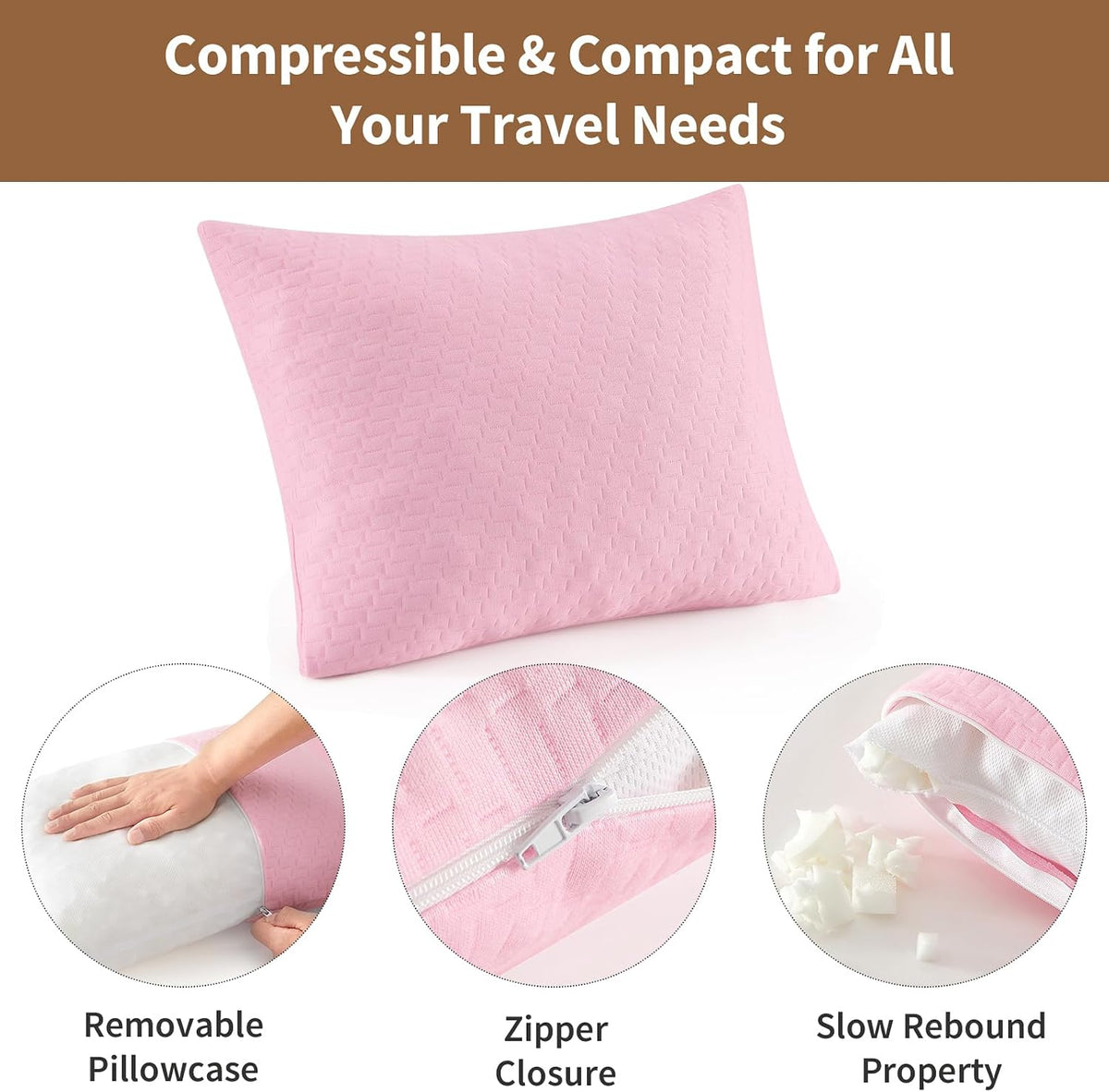 Camping Pillow Travel Pillow Small Shredded Memory Foam Pillow - Compressible Medium Firm, Breathable Cover, Ideal Backpacking Hiking, Airplane and Car