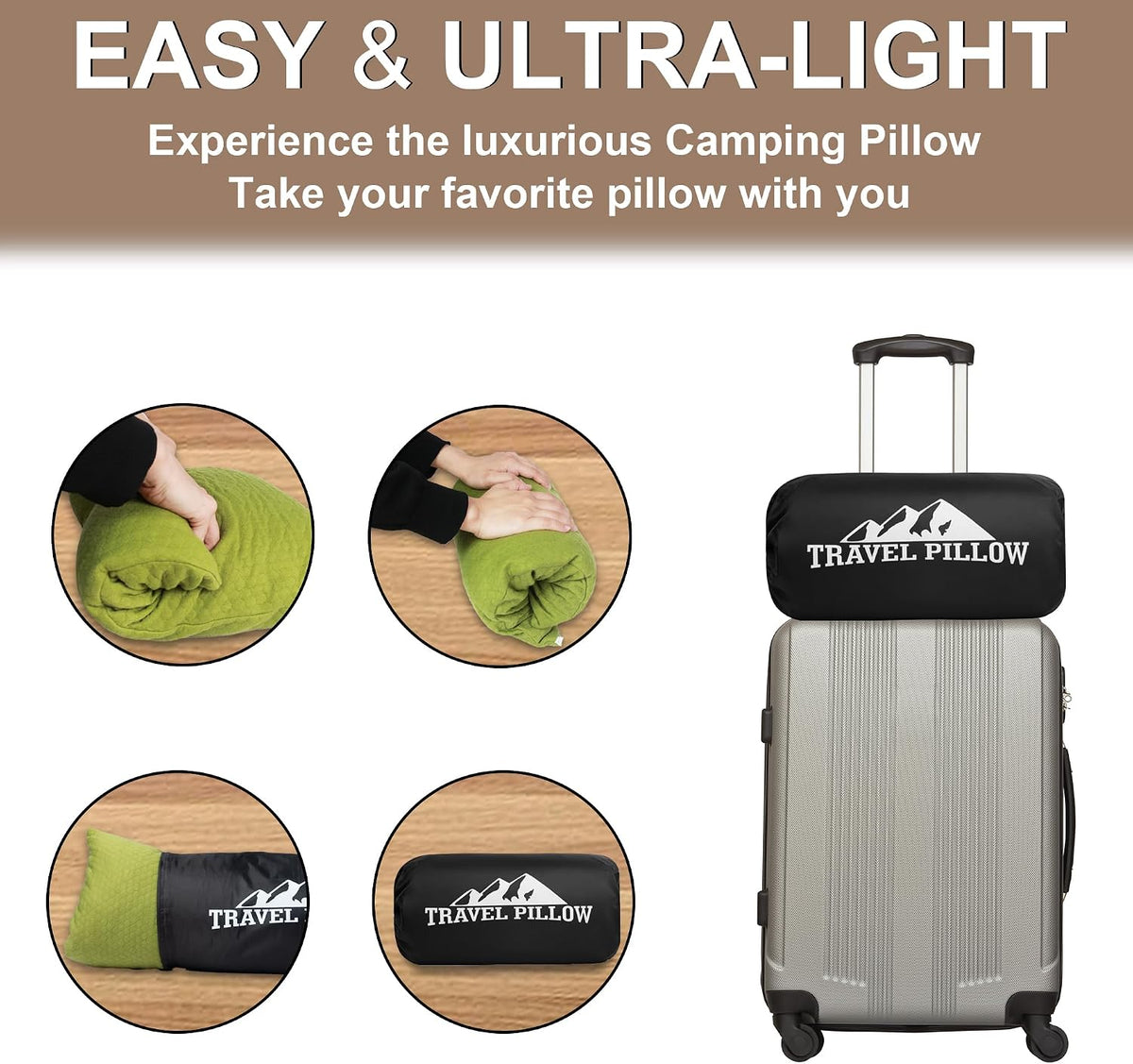 Camping Pillow Travel Pillow Small Shredded Memory Foam Pillow - Compressible Medium Firm, Breathable Cover, Ideal Backpacking Hiking, Airplane and Car