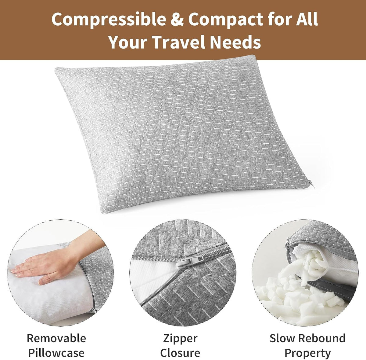 Camping Pillow Travel Pillow Small Shredded Memory Foam Pillow - Compressible Medium Firm, Breathable Cover, Ideal Backpacking Hiking, Airplane and Car