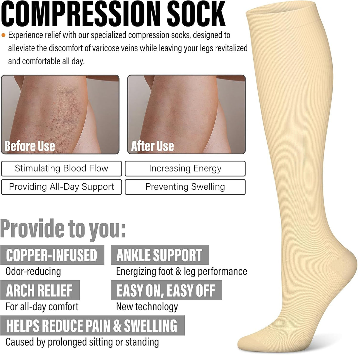 3 Pairs Compression Socks for Women & Men 15-20 mmHg,Best Support for Nurses Running Hiking