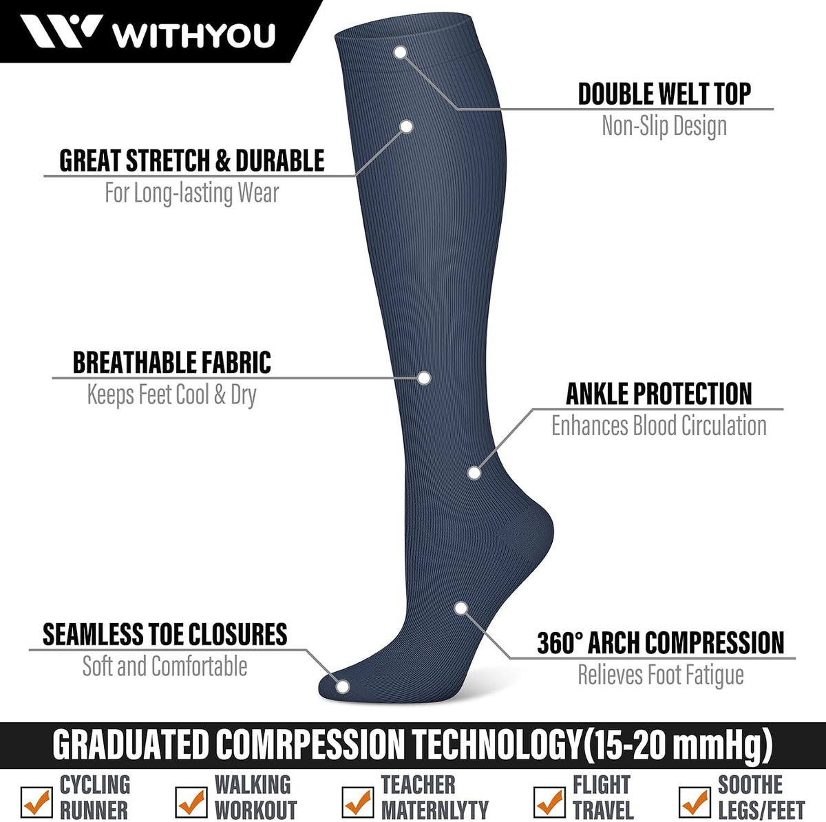 3 Pairs Compression Socks for Women & Men 15-20 mmHg,Best Support for Nurses Running Hiking
