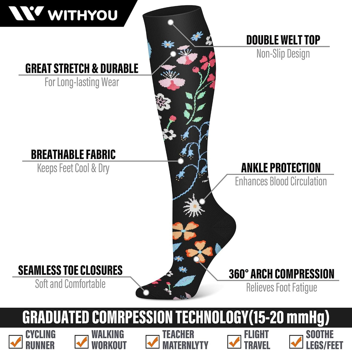 3 Pairs Compression Socks for Women & Men 15-20 mmHg,Best Support for Nurses Running Hiking