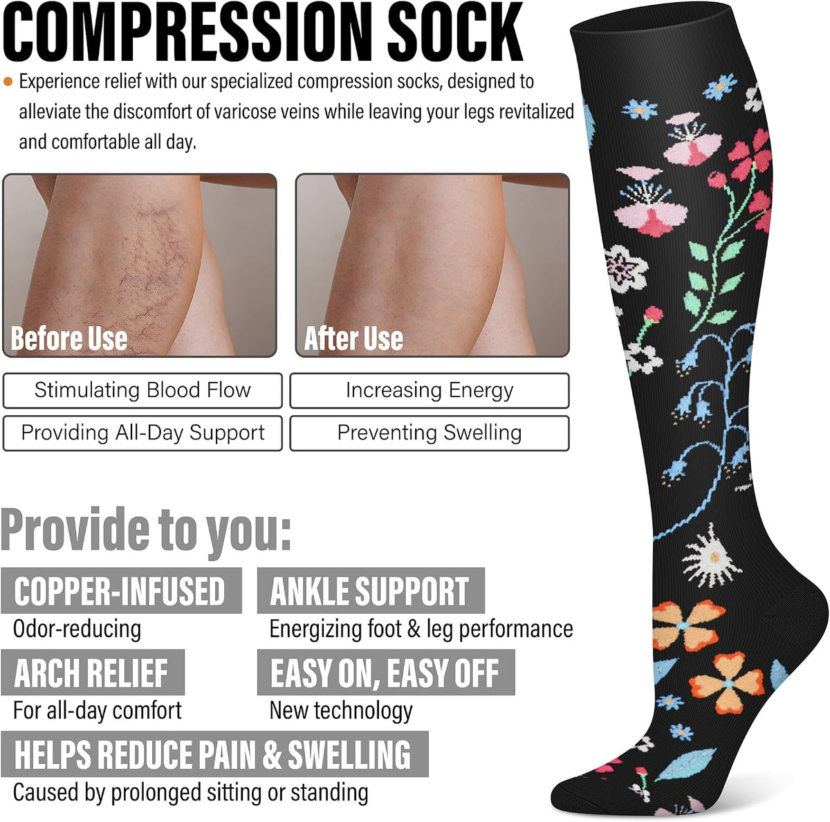 3 Pairs Compression Socks for Women & Men 15-20 mmHg,Best Support for Nurses Running Hiking