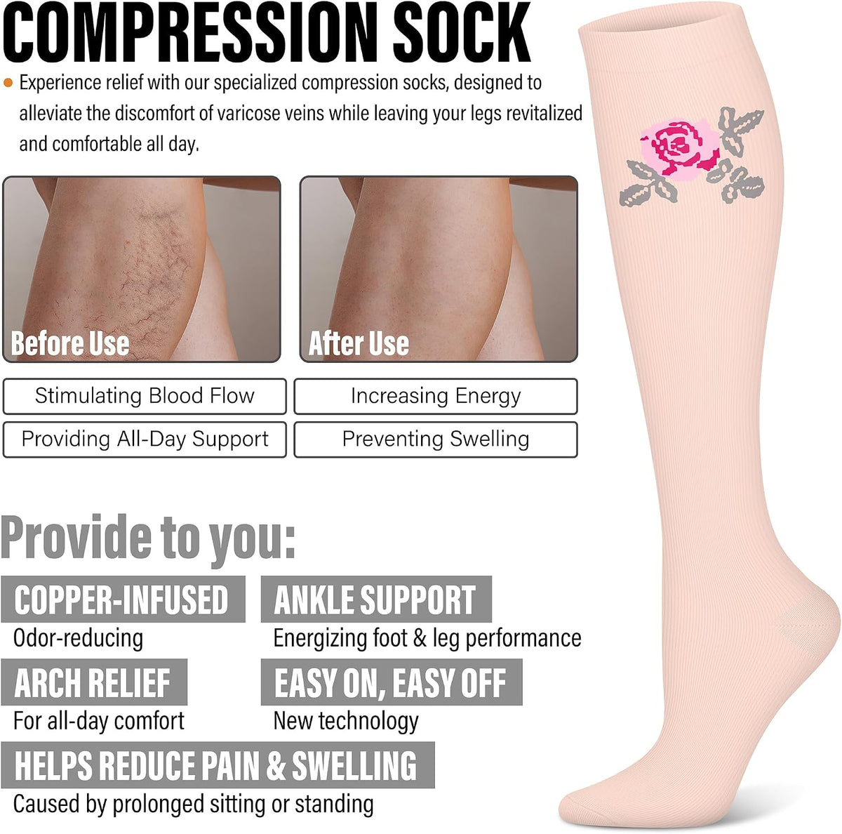 3 Pairs Compression Socks for Women & Men 15-20 mmHg,Best Support for Nurses Running Hiking