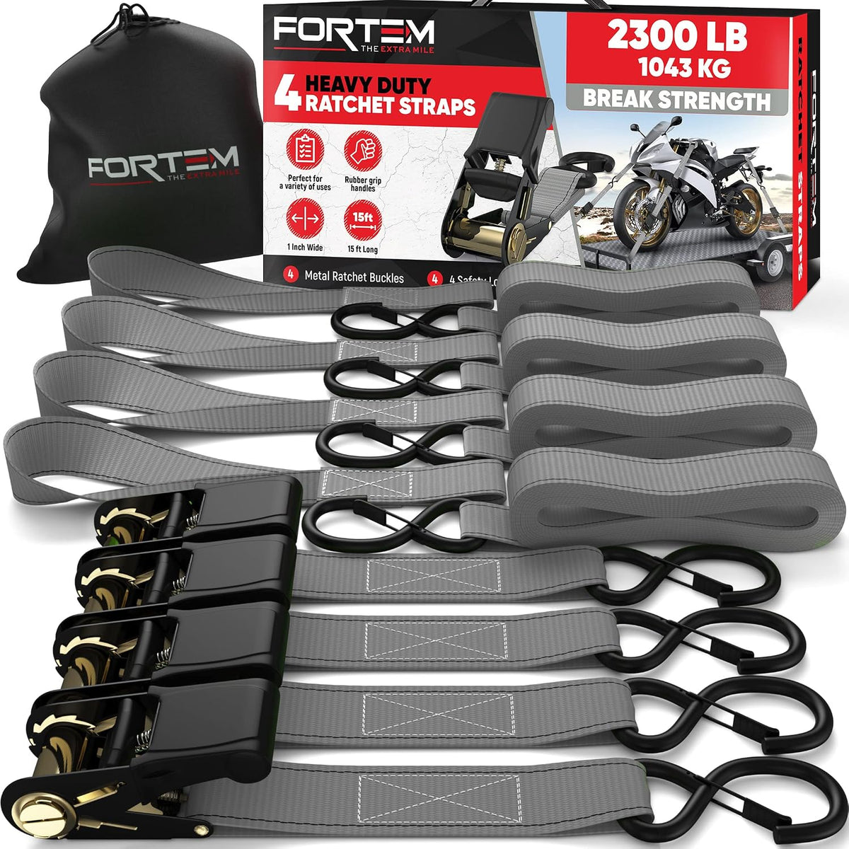 Ratchet Straps - Tie Down Strap Set, 4 Pack, 1650lb Break Strength