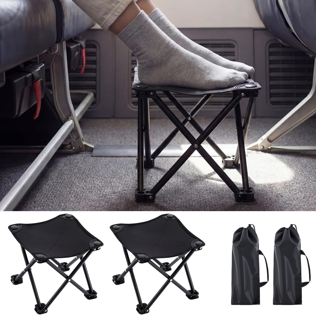 2 Pcs Portable Airplane Travel Foot Rest, Folding Camping Stool, Under Desk Foot Rest at Work for Long Flight, Home and Office Outdoor Hiking Fishing with Carry Bag (Black)