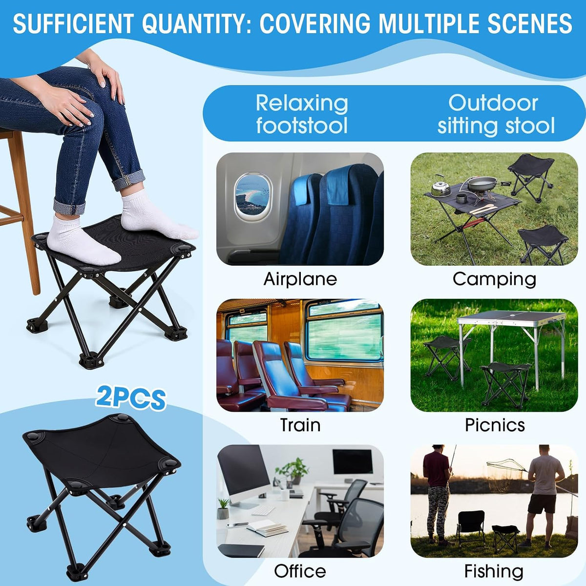 2 Pcs Portable Airplane Travel Foot Rest, Folding Camping Stool, Under Desk Foot Rest at Work for Long Flight, Home and Office Outdoor Hiking Fishing with Carry Bag (Black)
