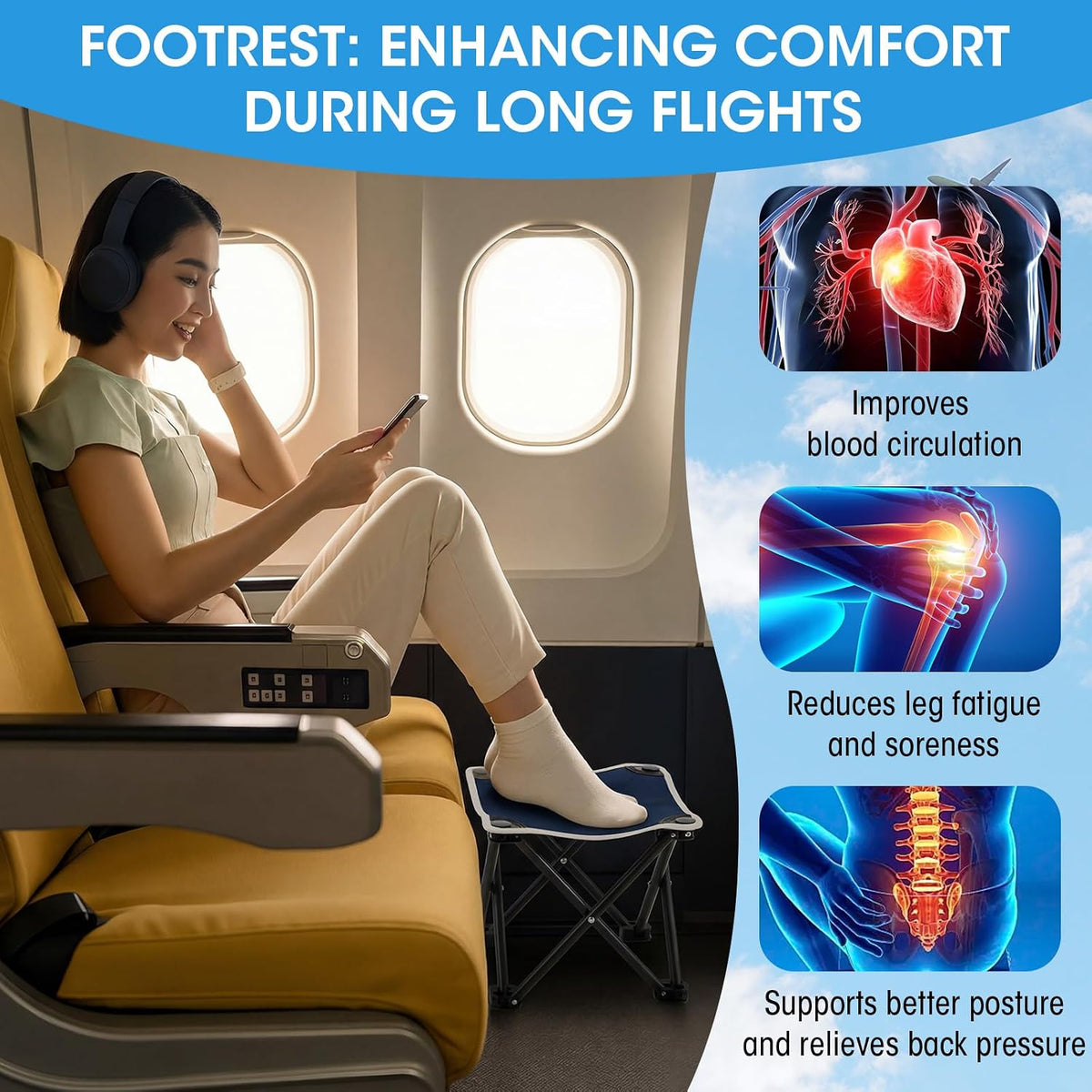 2 Pcs Portable Airplane Travel Foot Rest, Folding Camping Stool, Under Desk Foot Rest at Work for Long Flight, Home and Office Outdoor Hiking Fishing with Carry Bag (Black)