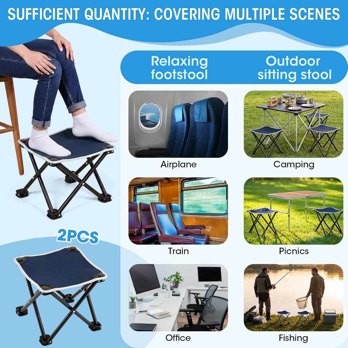 2 Pcs Portable Airplane Travel Foot Rest, Folding Camping Stool, Under Desk Foot Rest at Work for Long Flight, Home and Office Outdoor Hiking Fishing with Carry Bag (Black)