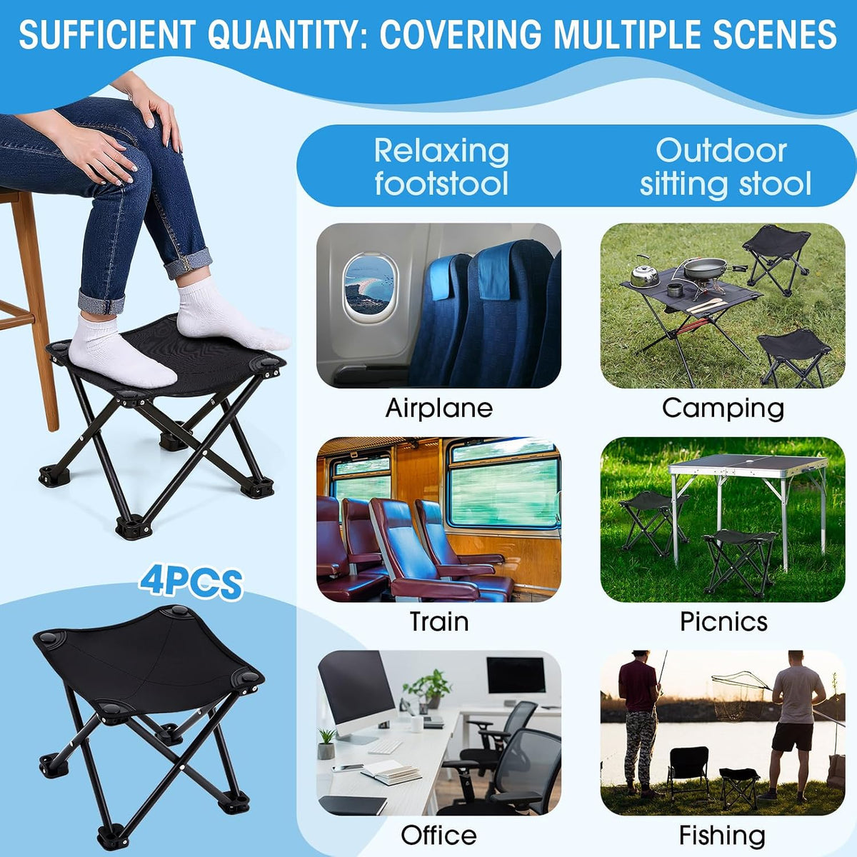 2 Pcs Portable Airplane Travel Foot Rest, Folding Camping Stool, Under Desk Foot Rest at Work for Long Flight, Home and Office Outdoor Hiking Fishing with Carry Bag (Black)