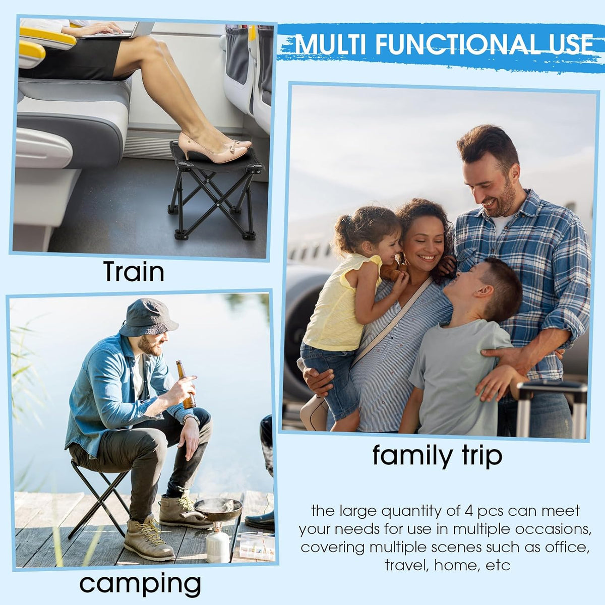 2 Pcs Portable Airplane Travel Foot Rest, Folding Camping Stool, Under Desk Foot Rest at Work for Long Flight, Home and Office Outdoor Hiking Fishing with Carry Bag (Black)